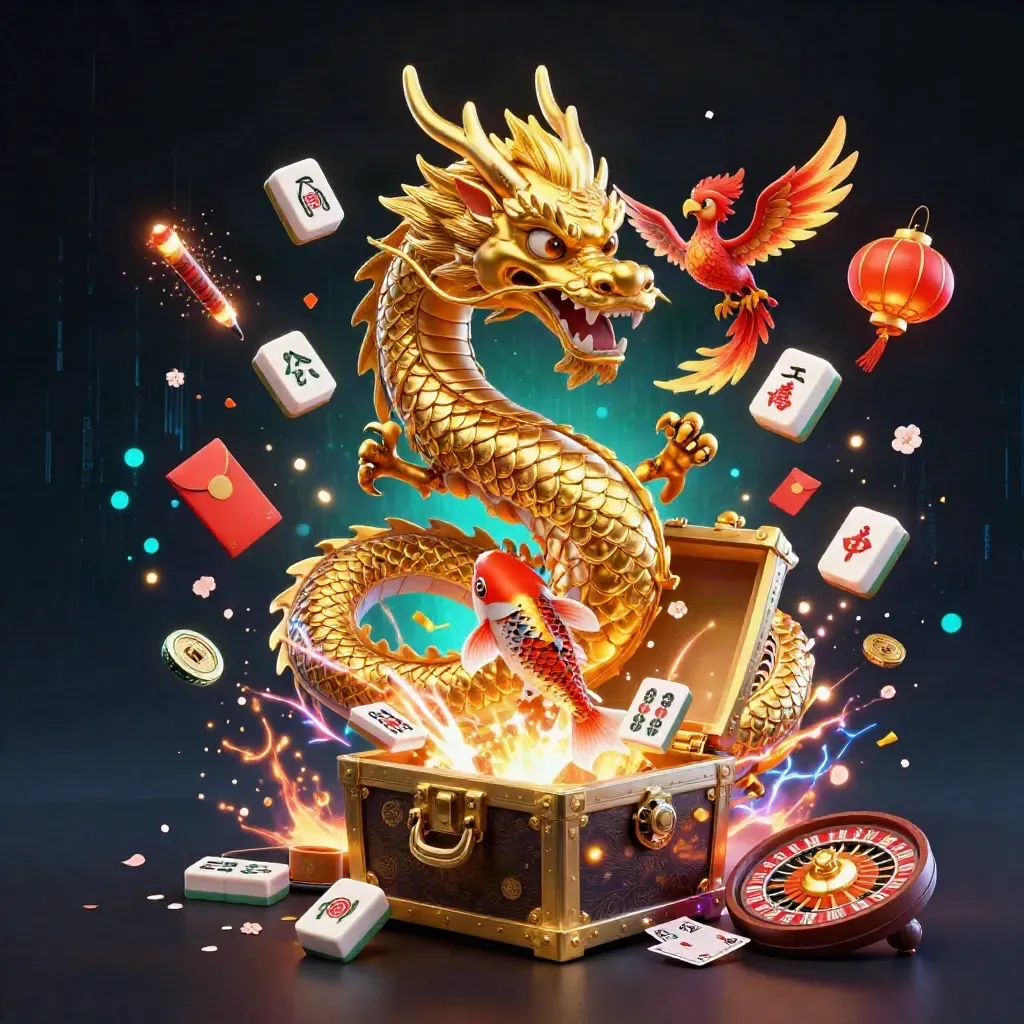 Golden dragon with phoenix and koi amid casino talismans, neon-lit treasure explosion