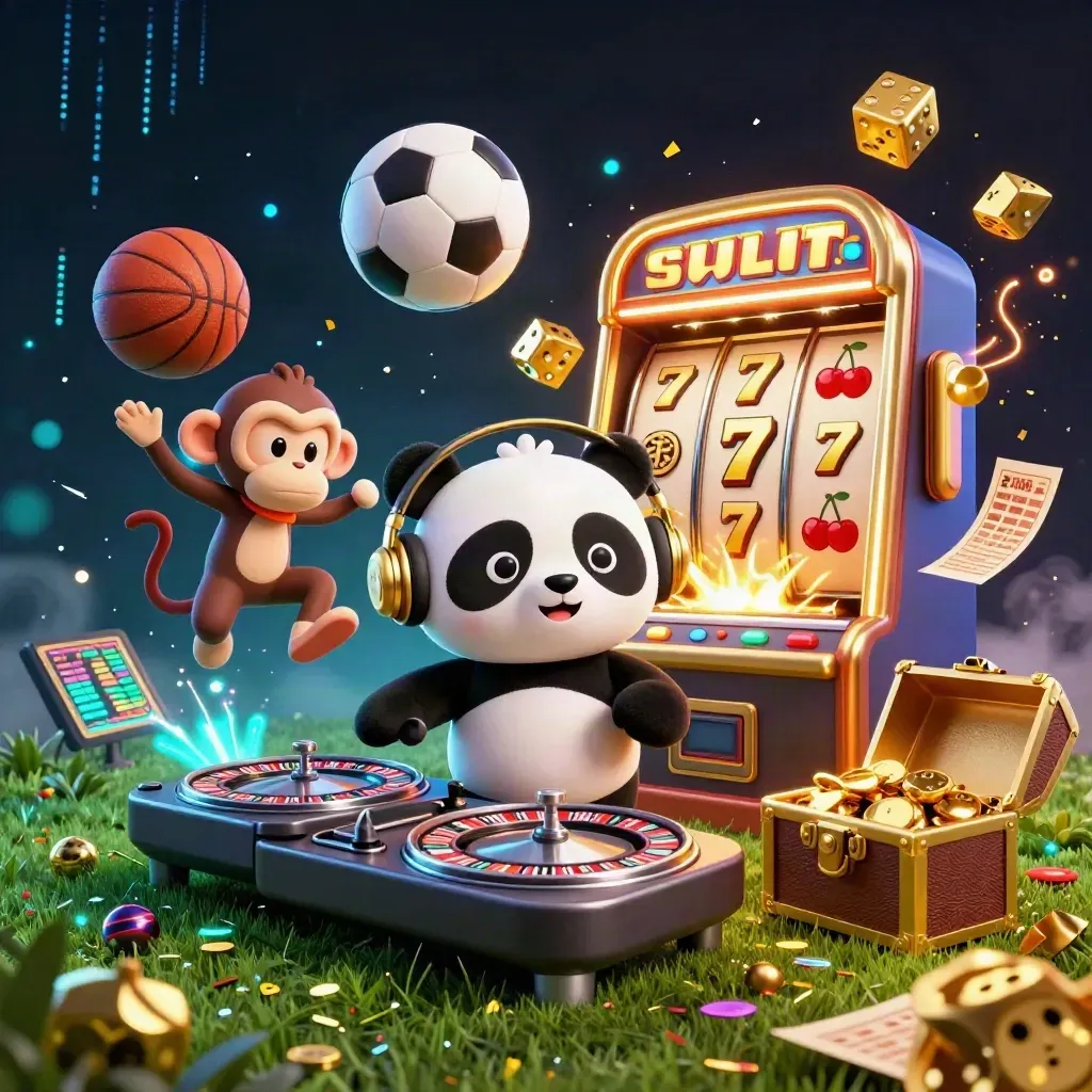 Panda DJ, breakdancing monkey and glow-stick kitten in a neon sports-casino burst with balls and gold