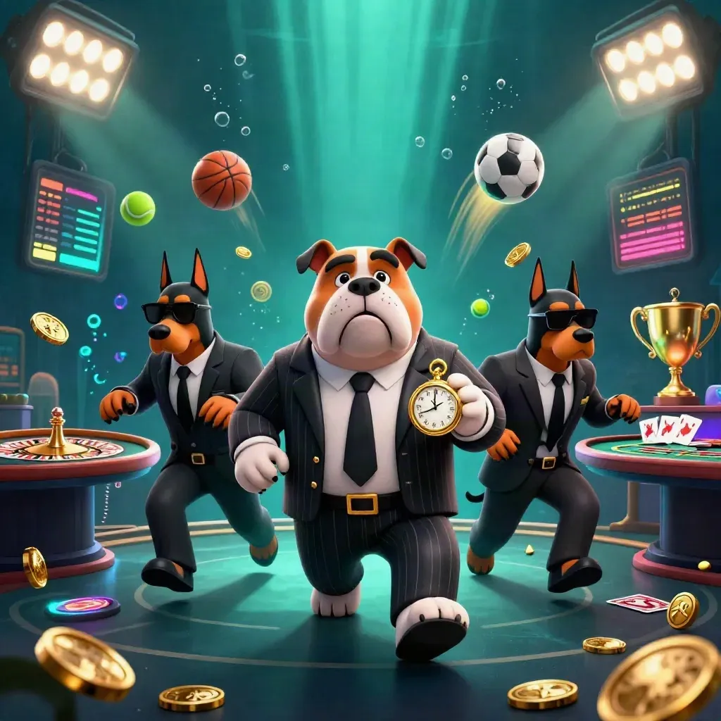 Bulldog mob boss with Doberman guards amid casino and sports icons underwater-lit