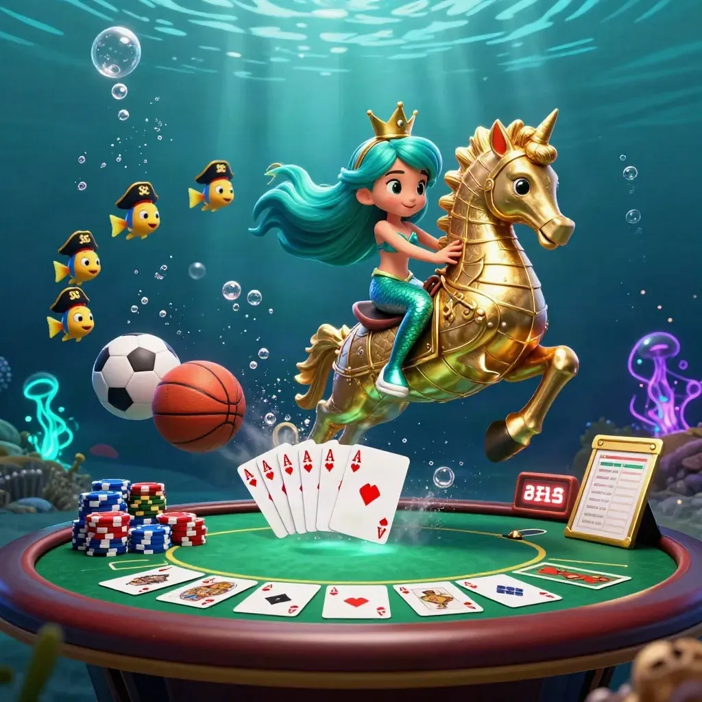 Mermaid princess on armored seahorse amid poker chips, cards, and glowing underwater bubbles.
