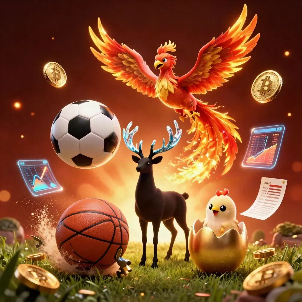Phoenix, stag and casino sports icons over a flying soccer ball in gold ember light.