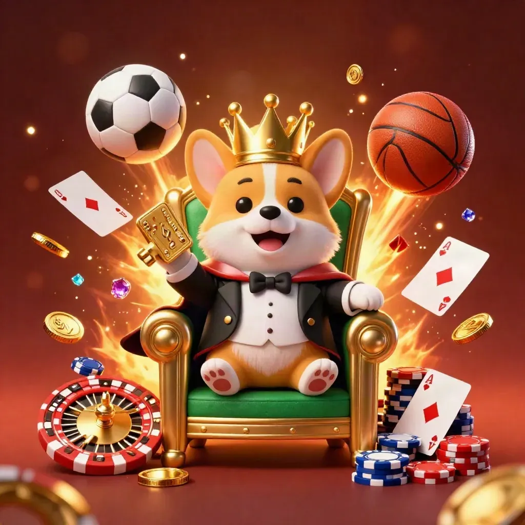 Crowned corgi and cat butler on poker-chip throne amid casino explosions and flying sports gear