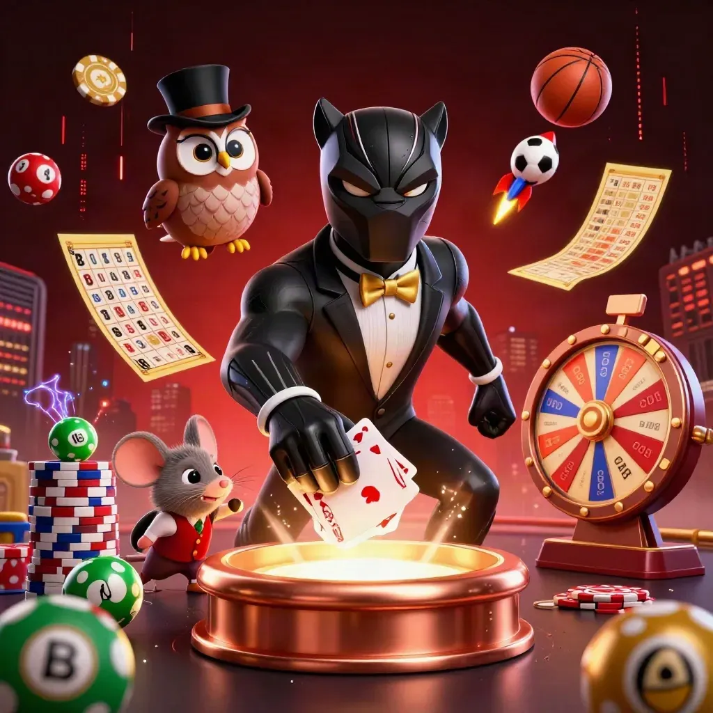 Black panther, owl and mouse amid casino icons and sports balls in a copper-lit neon arena.