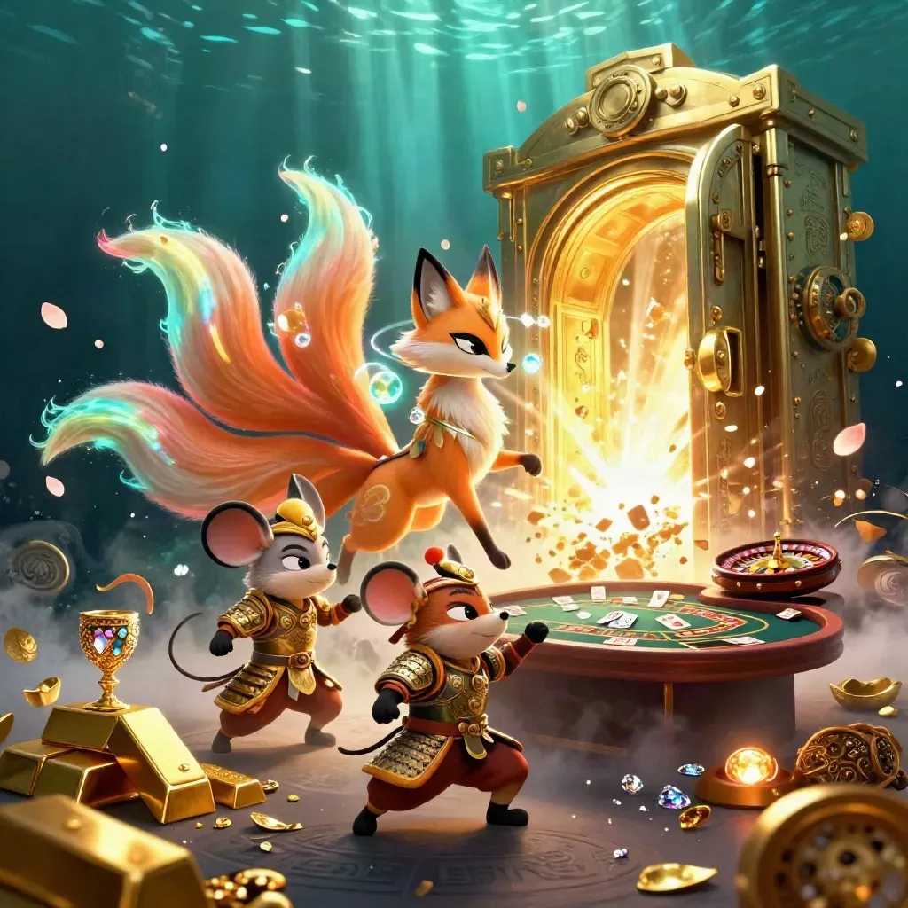 Nine-tailed fox spirit and armored mouse amid gold, runes, and a vault door glow