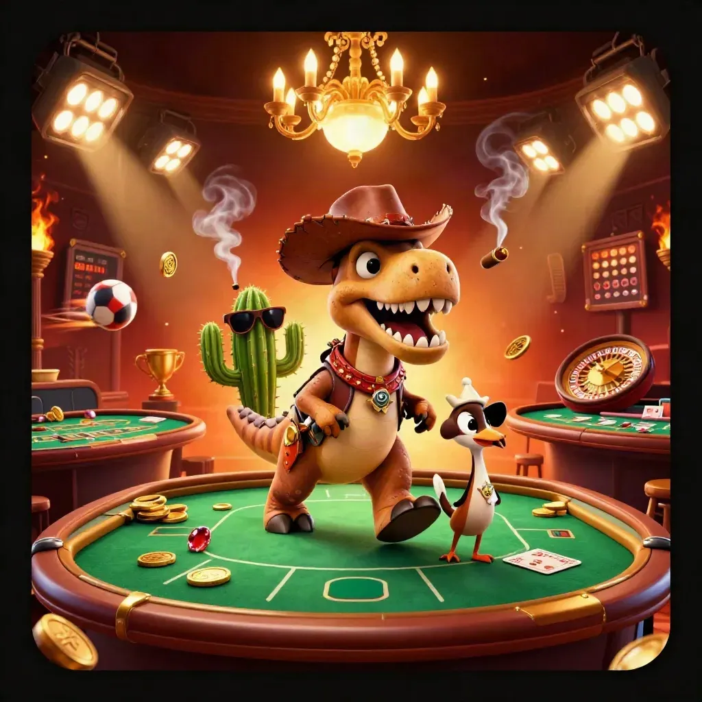 Cowboy T-Rex, cactus, and roadrunner in a fiery casino-saloon with gold and emerald lights
