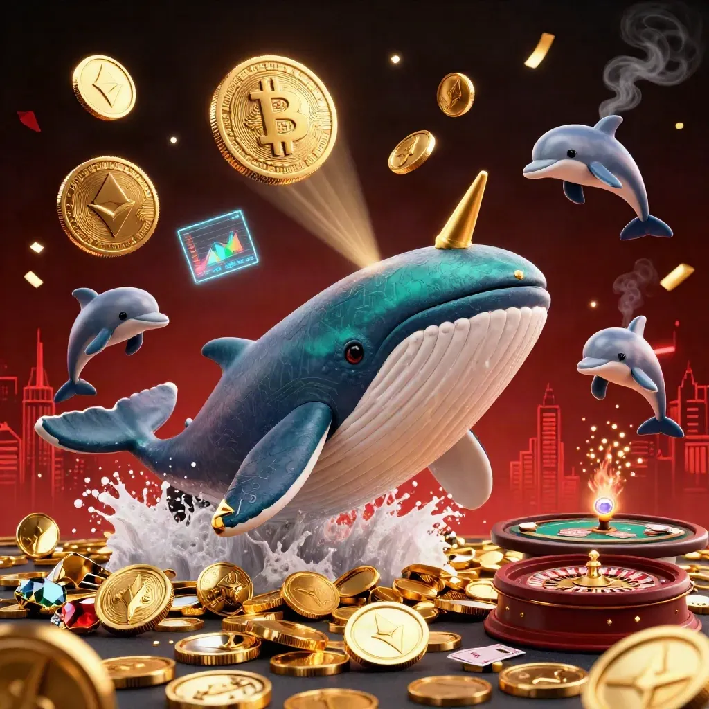 Whale captain, narwhal, and dolphins in a luxe casino scene with coins, roulette, and neon effects