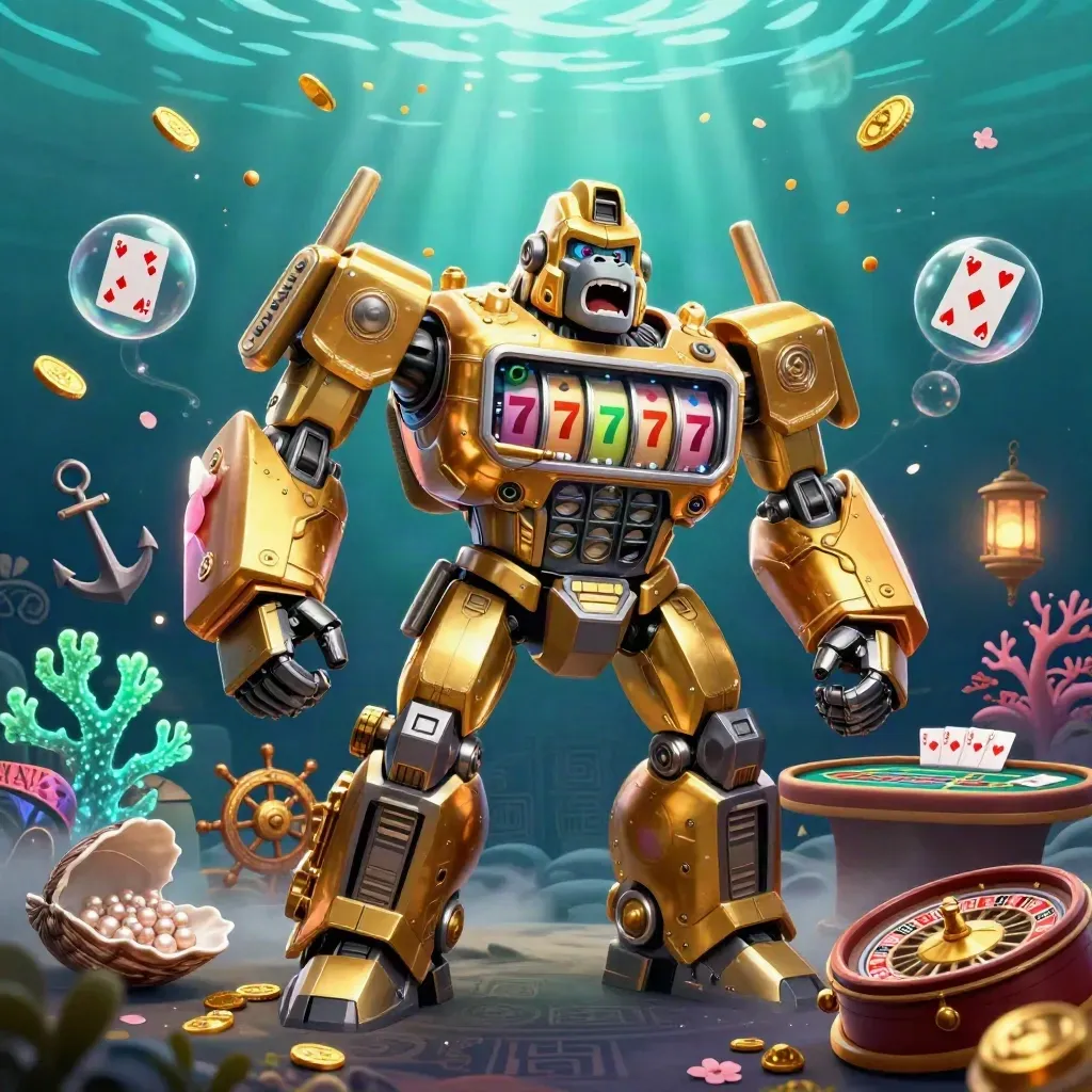 Golden gorilla mech and monkey pilot in a teal underwater casino cove with gold coins and glowing relics
