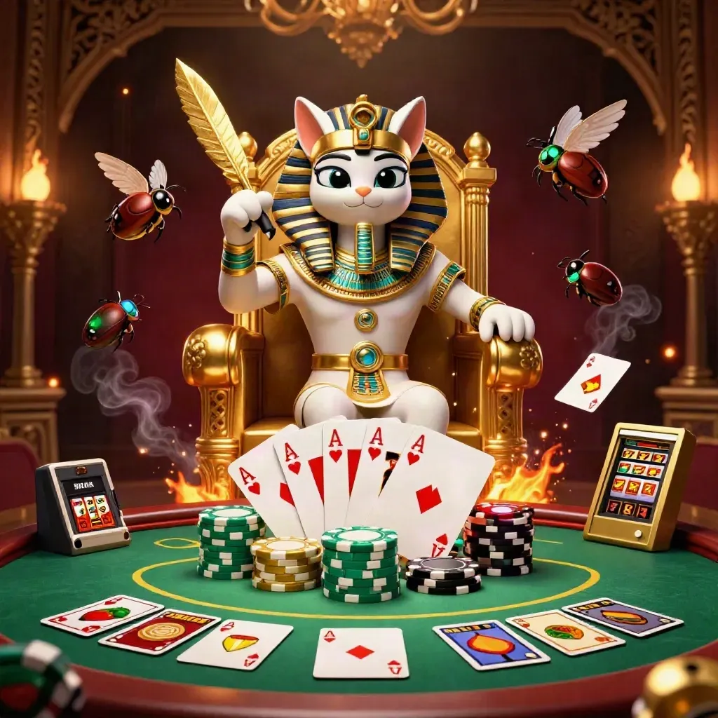 Pharaoh cat, ibis scribe and gem-winged scarabs amid poker loot, embers and emerald glow.