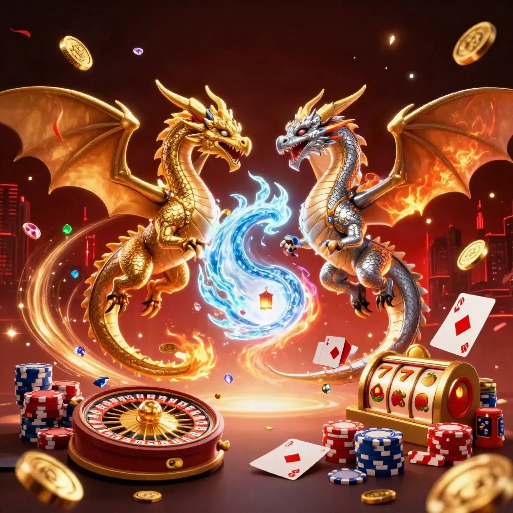 Gold and silver dragons swirl with coins, roulette, cards, chips, and a lantern spirit on dark red-black.