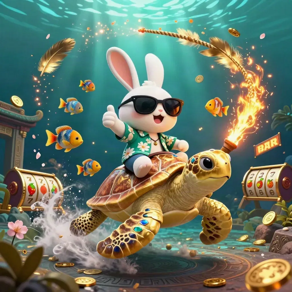 Lucky rabbit rides a golden sea turtle amid casino treasure, runes, and glowing underwater ruins.