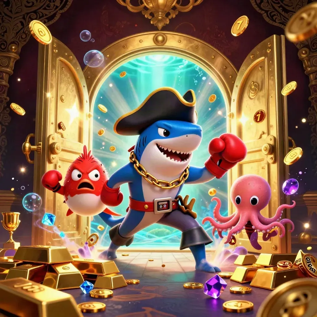 Shark captain, pufferfish boxer and baby octopus raid a glowing gold vault in a luxe casino scene.