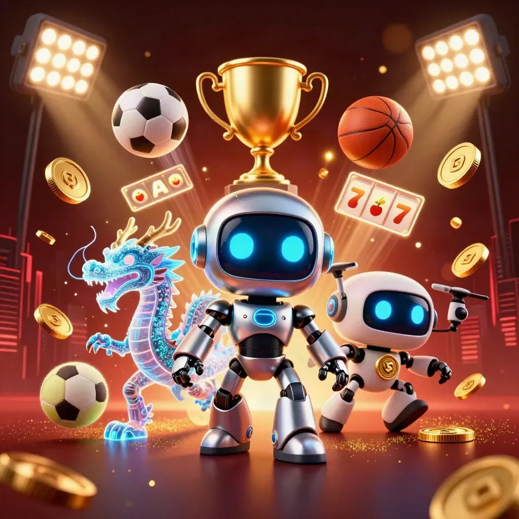 Cyberpunk robot, holographic dragon, and coin drone burst amid sports balls, trophy, coins, and casino shards.