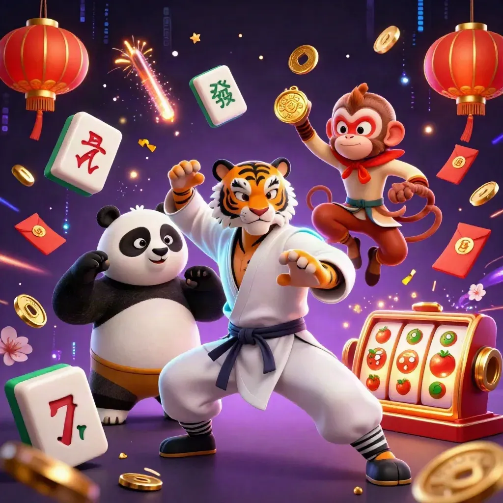 Tiger master, panda disciple, and monkey thief amid neon casino magic and flying game tokens