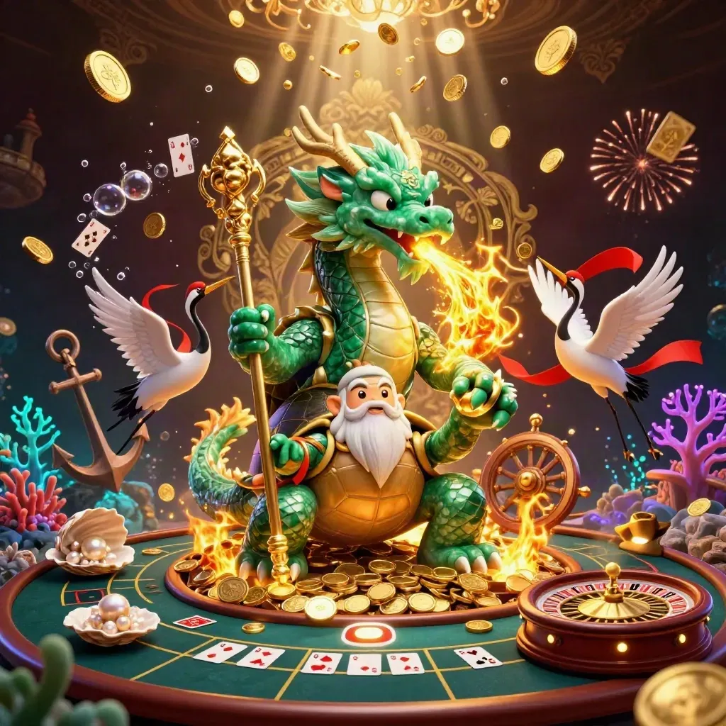 Emerald dragon, turtle sage and cranes amid a gold coin burst, coral, cards and roulette glow