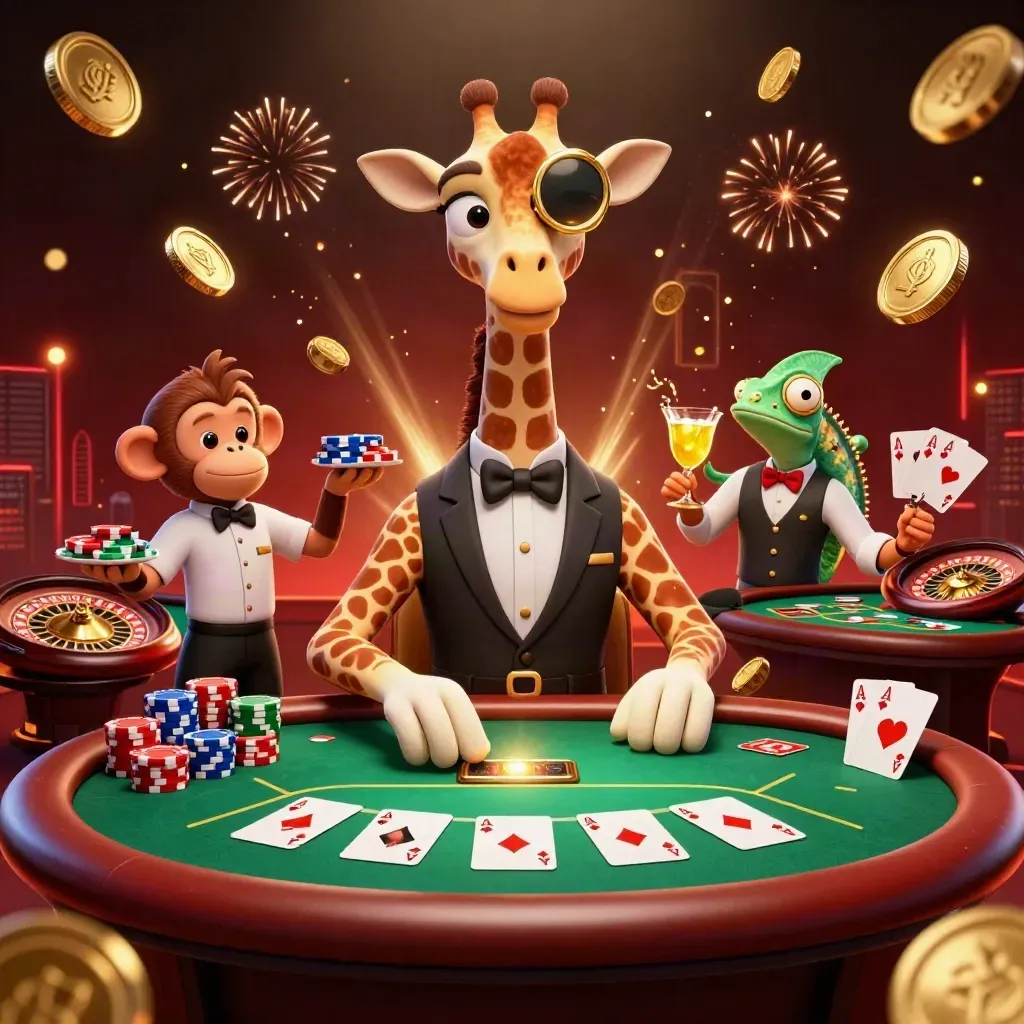 Cartoon giraffe, monkey valet and chameleon at a casino table amid coins, cards and fireworks.