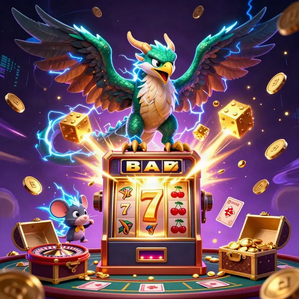 Thunder dragon, glowing hawk and static mouse explode from a jackpot of coins and casino magic.