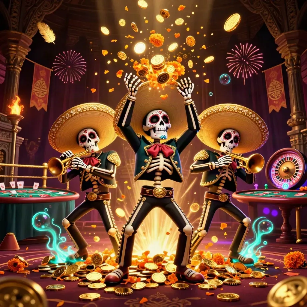 Skeleton mariachi trio amid coins, fireworks, roulette wheel, and casino relics in a luxe dark glow.