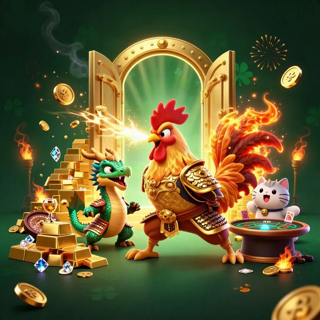 Rooster warrior, dragon hatchling and fortune cat amid vault riches, coins and casino lights