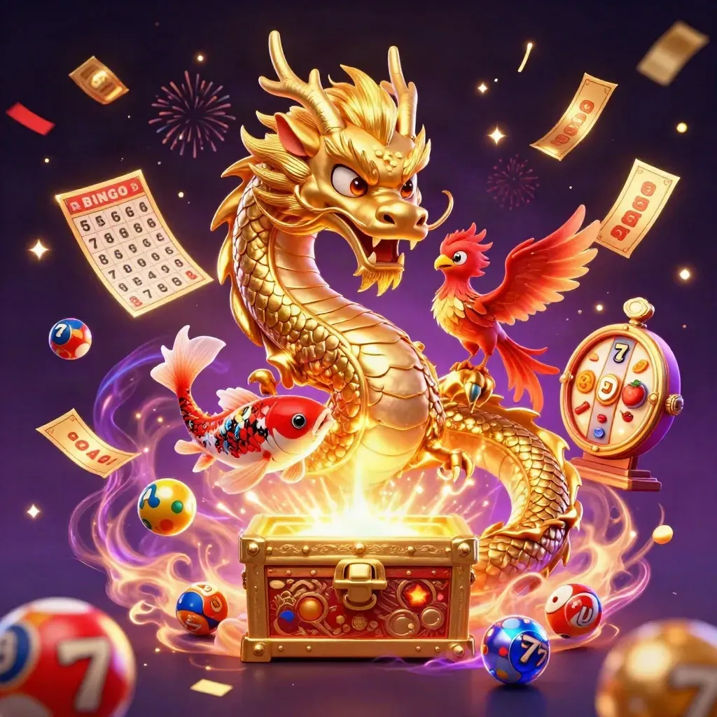 Golden dragon with phoenix, koi, casino symbols, and glowing purple magic on a dark starry background.