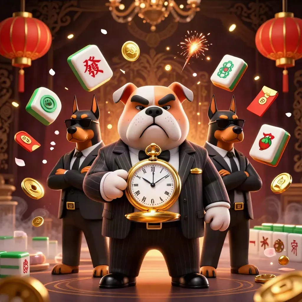 Bulldog mob boss with Doberman guards amid jade coins, lanterns, reels, and petals on a dark luxe casino backdrop.