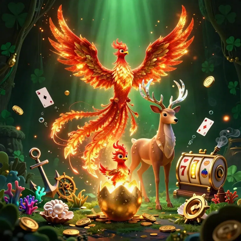 Phoenix trio amid gold coins, coral, cards, reels, and emerald casino light.