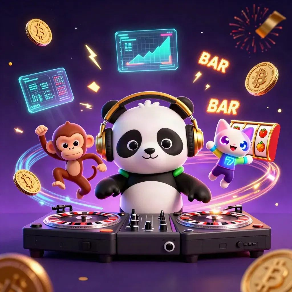 DJ panda, dancing monkey and glow-stick kitten amid casino reels, coins, magic and fireworks