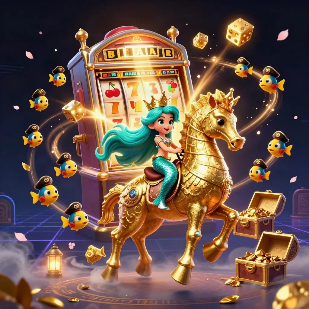 Mermaid princess on armored seahorse amid slot reels, pirate fish, gold dice, and treasure glow.