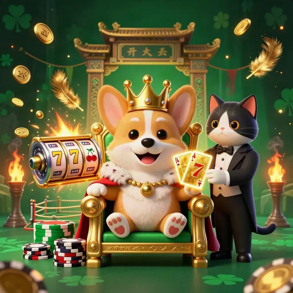 Royal corgi on poker-chip throne with cat butler, coins, embers, reels, and a temple gate.
